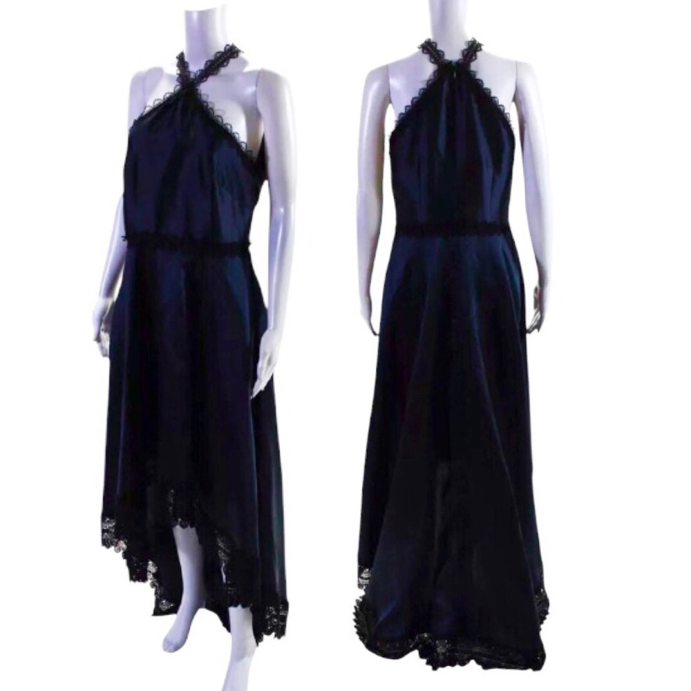 Monique Lhullier Mikado High Low Hem Dress Size 4 Navy Blue Black Lace Gown